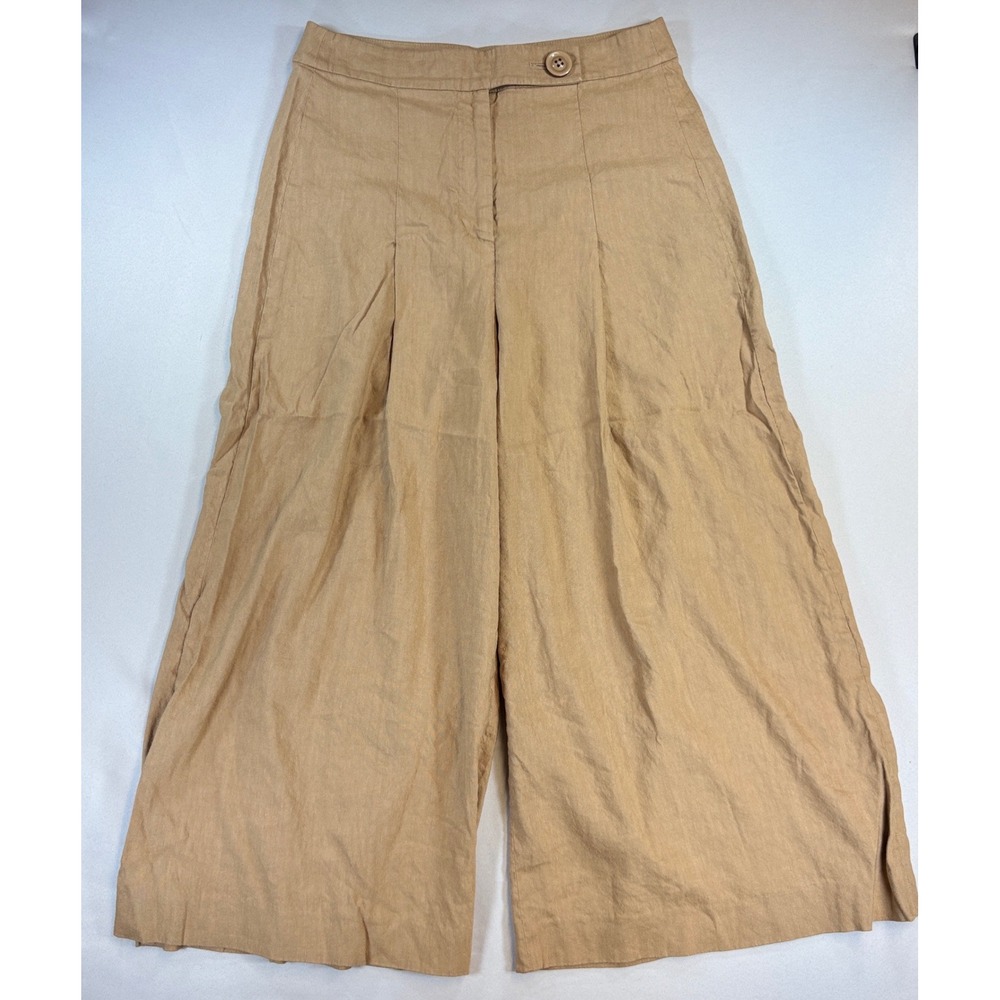 Alice + Olivia Wide Leg Pants Womens 6 Crop Tan Linen Wide Leg High Rise Resort